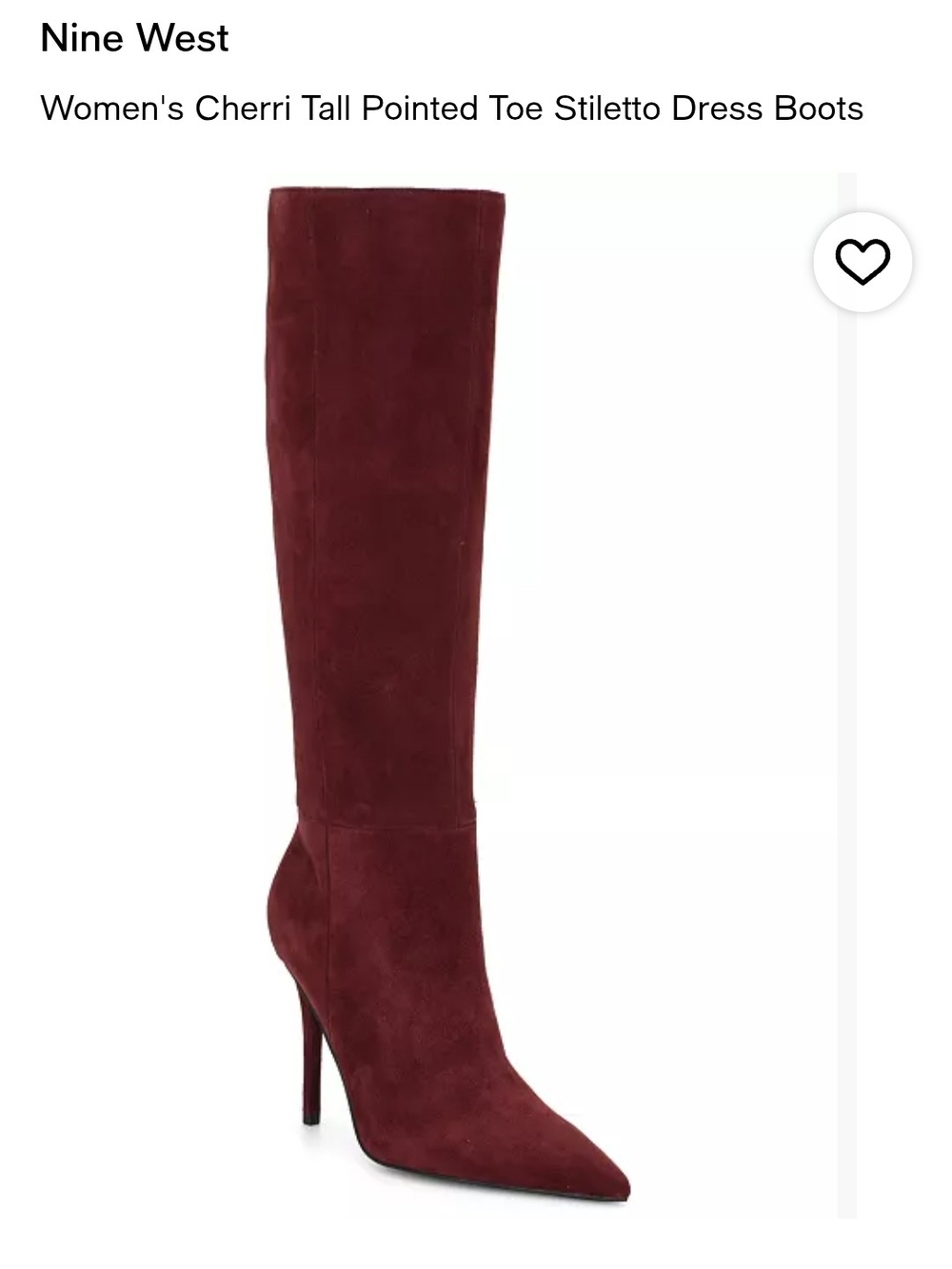 Nine West Cherri Tall Pointed-Toe Stiletto Boots in Burgundy Suede 8.5m